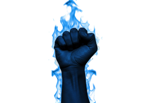 Isolated hand in fist with blue flames, raised in defiance, protest, or empowerment