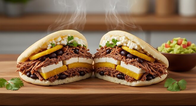 Close up photo of arepas with chicken cheese and beans