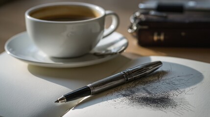 Coffee, pen, and notebook on a table in natural light, with a wooden box in the background