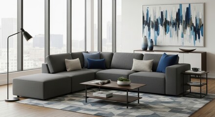 Modern Living Room Interior: Gray Sectional, Abstract Art, City View, Cozy Ambiance.