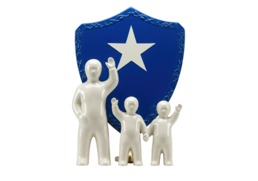 Isolated figurine depicting a family of three standing in front of a blue star badge emblem