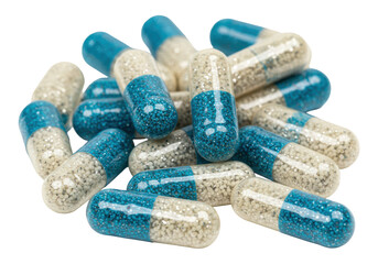 Isolated supplement capsules with blue one end and white the other, pills for health
