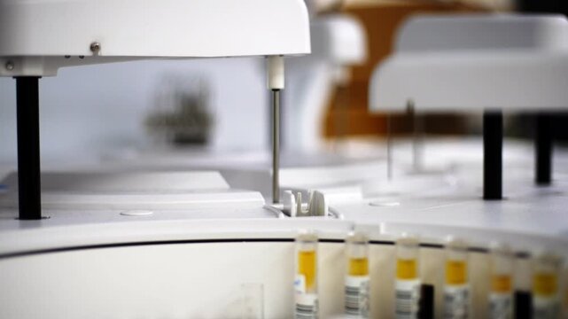 Close up view of Test tubes getting tested and mixed with chemicals in a biochemical analyzer.