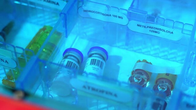 Close up view of Drugs for life support and cardiopulmonary resuscitation displayed in a hospital