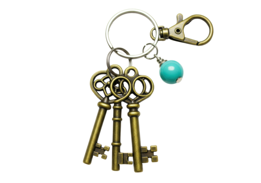 Isolated vintage keychain with antique skeleton keys and turquoise bead charm hanging down