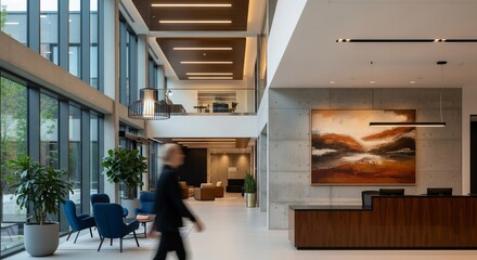 Modern Office Lobby with Abstract Art and Blurred Figure in Motion