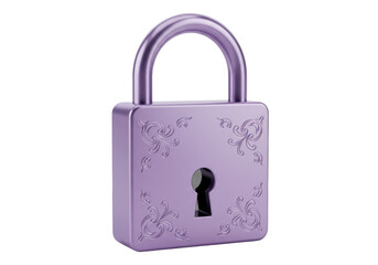 Isolated ornate purple metal padlock, antique style security lock with vintage keyhole