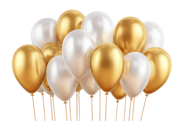 Gold and White Balloons Cluster on Transparent Background