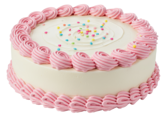 Isolated celebration cake with colorful sprinkles and pink frosting rosettes decorations