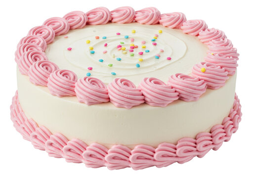 Isolated celebration cake with colorful sprinkles and pink frosting rosettes decorations