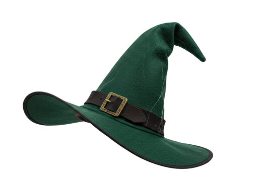 Isolated green witch hat with faux leather belt, brass buckle, and tall, pointed crown