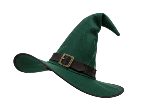Isolated green witch hat with faux leather belt, brass buckle, and tall, pointed crown