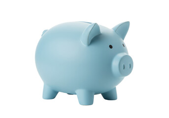 Isolated pastel blue ceramic piggy bank, front view, financial investment concept, savings plan