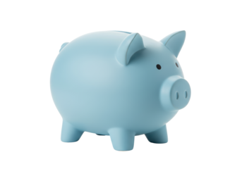 Isolated pastel blue ceramic piggy bank, front view, financial investment concept, savings plan