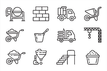 Construction and Building Icon Set Featuring Mixer, Truck, and Crane