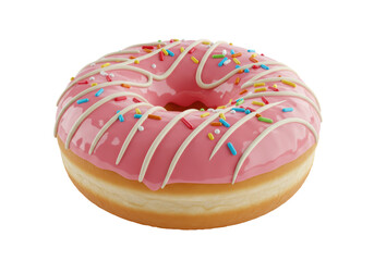 Isolated pink donut with cream stripes and colorful sprinkles in overhead close up view