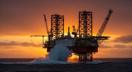 Obraz premium Offshore Oil Rig Silhouette Against Fiery Sunset with Crashing Waves