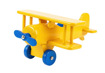 Isolated wooden airplane toy, a vintage biplane with bright yellow body and blue wheels