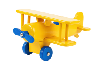 Isolated wooden airplane toy, a vintage biplane with bright yellow body and blue wheels