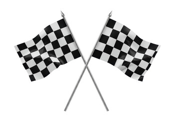 Isolated Pair of crossed black and white checkered flags waving in the wind, motorsports
