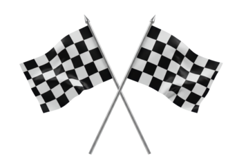Isolated Pair of crossed black and white checkered flags waving in the wind, motorsports