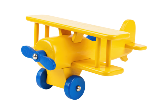 Isolated wooden airplane toy, a vintage biplane with bright yellow body and blue wheels