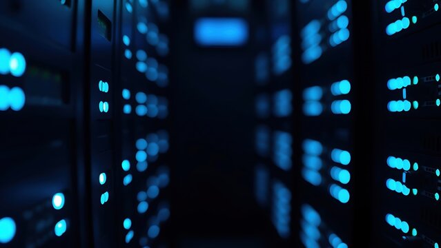 Close-up of glowing blue server rack lights creating an abstract technological pattern on a dark background.