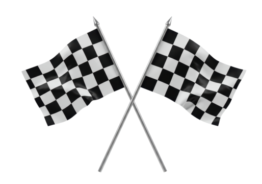 Isolated Pair of crossed black and white checkered flags waving in the wind, motorsports