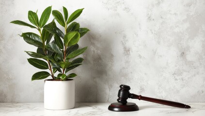 Plant and gavel on marble