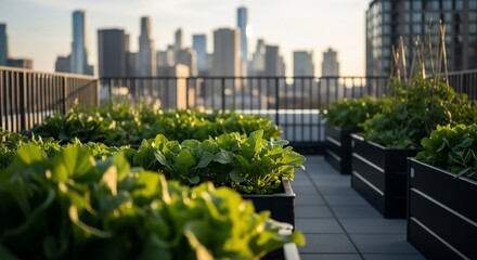 Rooftop garden with lush green plants and a blurred cityscape backdrop at sunset