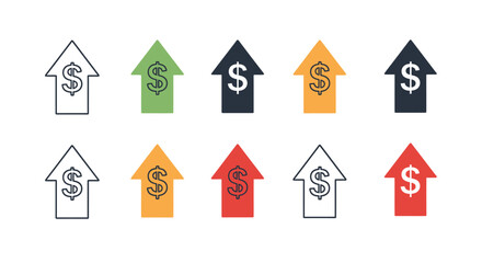A collection of ten upward-pointing arrows with dollar signs, symbolizing financial growth and increasing value.