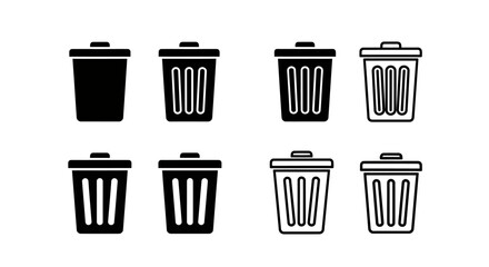 A collection of eight black and white trash can icons, showing variations in fill and outline styles for waste and recycling.