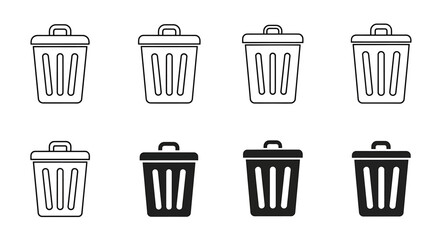 Collection of eight trash can icons, in black and white, various line weights.