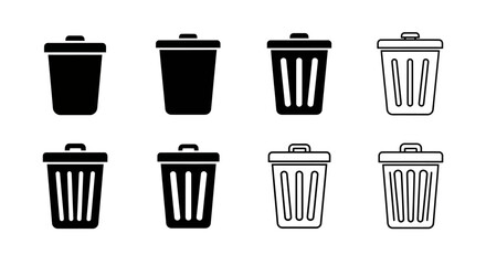 Collection of various trash can and waste bin icons in solid black and outline styles, suitable for digital interfaces.