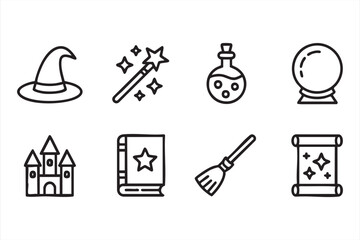 Witchcraft Icons Depicting Castle, Scroll, Broom, and Magical Symbols
