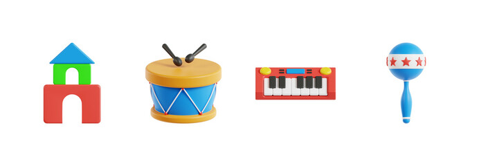 3D Musical Toy Instrument Icon Set for Children