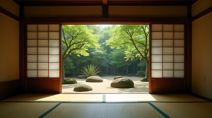 Naklejka premium Traditional Japanese Shoji Screen Room Opening to Lush Green Garden with Rocks and Trees graphic design