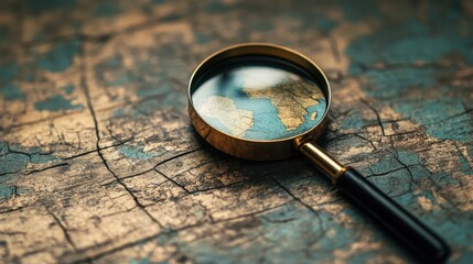 Magnifying glass on old world map showing close view of land and detail symbol of search travel and explore