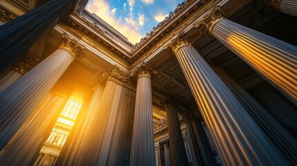Ancient building with tall stone columns and sunlight shining through architecture showing classic style