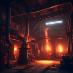 Industrial interior bathed in a warm light, revealing mechanical details