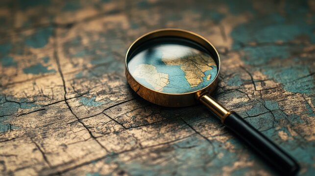 Magnifying glass on old world map showing close view of land and detail symbol of search travel and explore