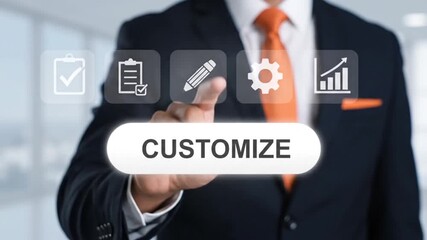 Businessman pressing a customize button on a futuristic digital interface with icons representing business goals and planning - Powered by Adobe