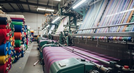 Fototapeta premium Vibrant Textile Factory: Multicolored Threads Weaving into Fabric