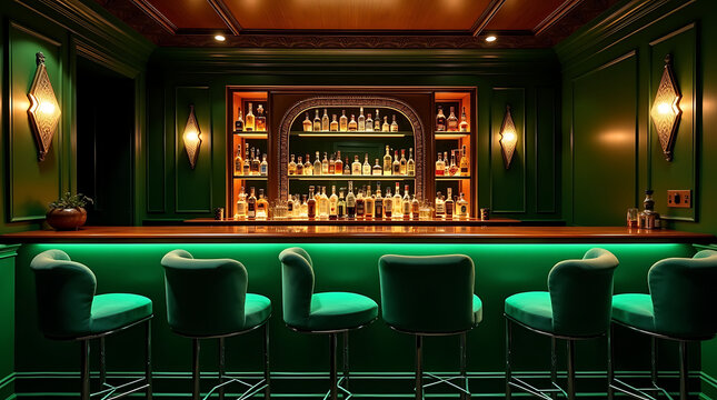Upscale home bar with green velvet stools and illuminated liquor display interior alcohol