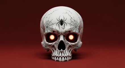 Skull with spiderweb design and glowing eyes on a dark red background for halloween