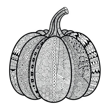A detailed black and white pumpkin illustration filled with intricate zentangle patterns A decorative gourd with abstract doodle designs for coloring.