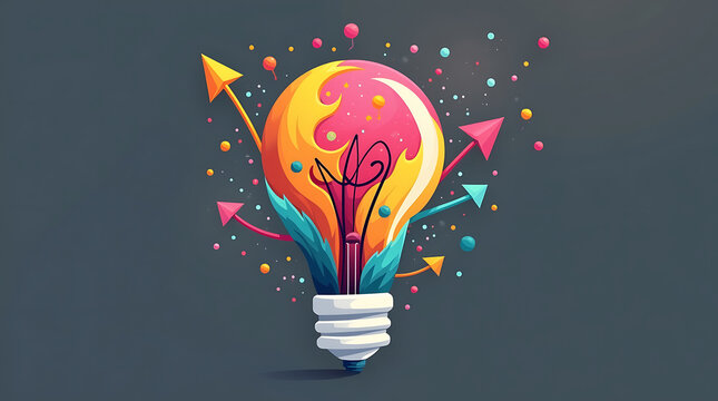 Vibrant Light Bulb with Arrows and Particles Representing Ideas and Innovation creativity inspiration