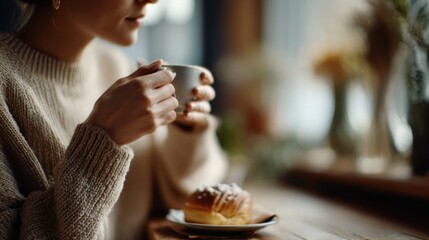 Warm Fika Moment with Pastry and Coffee in Café Interior
