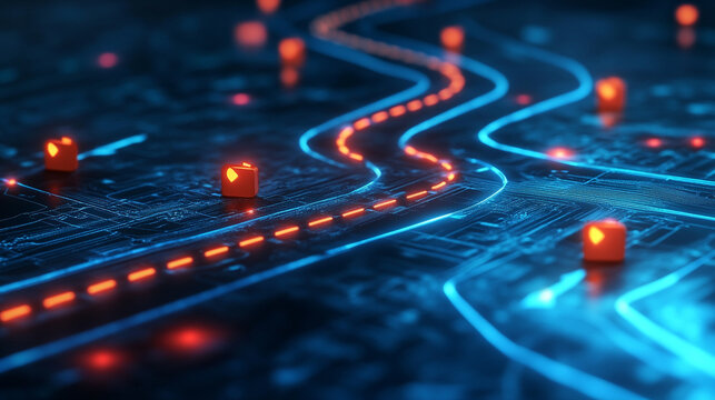 Data packets travel along glowing digital pathways a network visualization