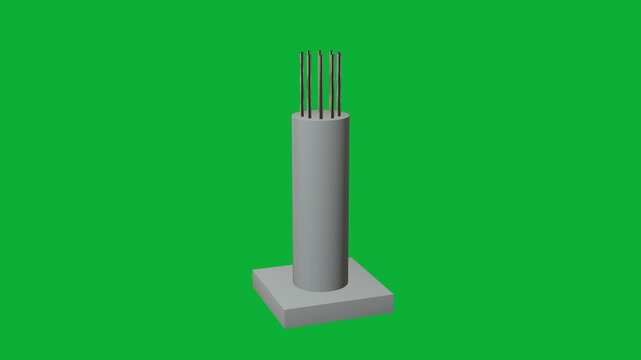3D Round Concrete Column with RCC Reinforcement Rotating on Green Screen Background | Structural Construction Element for Architecture and Civil Engineering Design